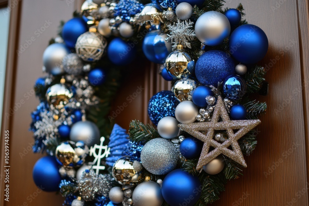 Hanukkah Themed Door Wreath: A close-up of a door wreath decorated with blue and silver ornaments, dreidels, and Stars of David, symbolizing a warm welcome for Hanukkah guests. Hanukkah Themed Door Wreath: A close-up of a door wreath decorated with blue and silver ornaments, dreidels, and Stars of David, symbolizing a warm welcome for Hanukkah guests.