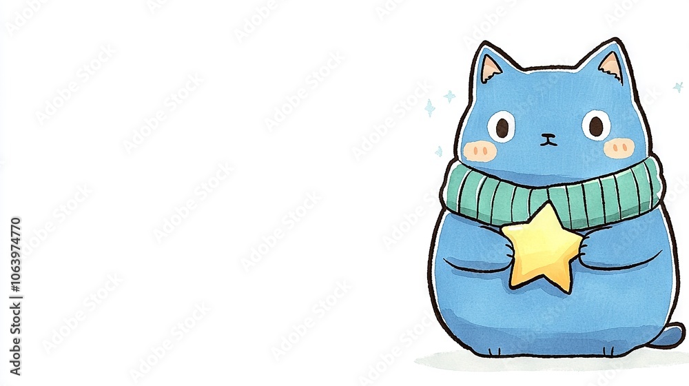 Drawing of a blue cat with a star on chest, a green scarf, and sitting on a white background Drawing of a blue cat with a star on chest, a green scarf, and sitting on a white background