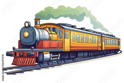 Vibrant train journey illustration. Red, orange locomotive with black smokestack pulls yellow passenger cars along curved track. Train moves from left to right, locomotive centrally, cars trailing