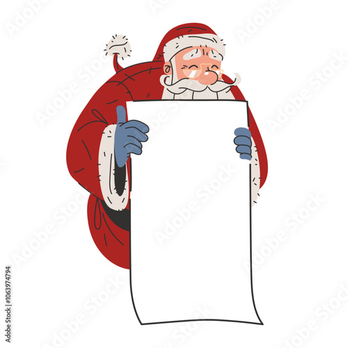Santa Claus character holds in hands white sheet. Vector template or card. Cartoon personage of Santa is hiding behind the empty letter. Vertical blank page for wishlist or banner for text.