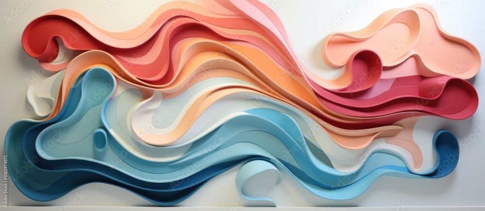 Fototapeta premium Abstract wall art featuring flowing shapes in warm and cool colors, creating a dynamic visual effect.