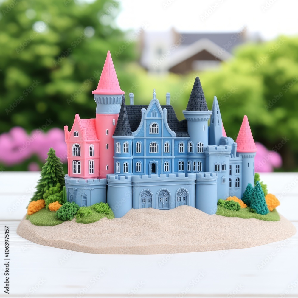 Miniature fairytale castle with blue, pink, and grey towers, set on a ...