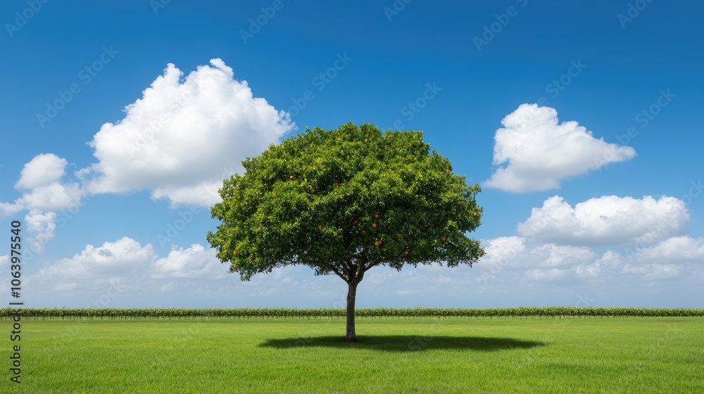 A serene tangerine tree stands in a sunlit orchard, surrounded by vibrant green grass and fluffy clouds under a blue sky A serene tangerine tree stands in a sunlit orchard, surrounded by vibrant green grass and fluffy clouds under a blue sky