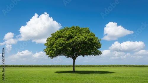 A serene tangerine tree stands in a sunlit orchard, surrounded by vibrant green grass and fluffy clouds under a blue sky