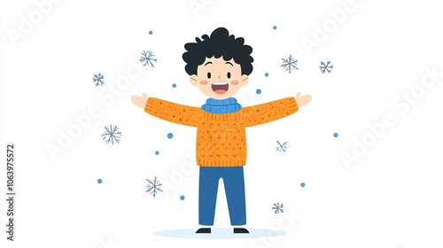  A boy in an orange sweater stands in snow with arms wide open and hands raised