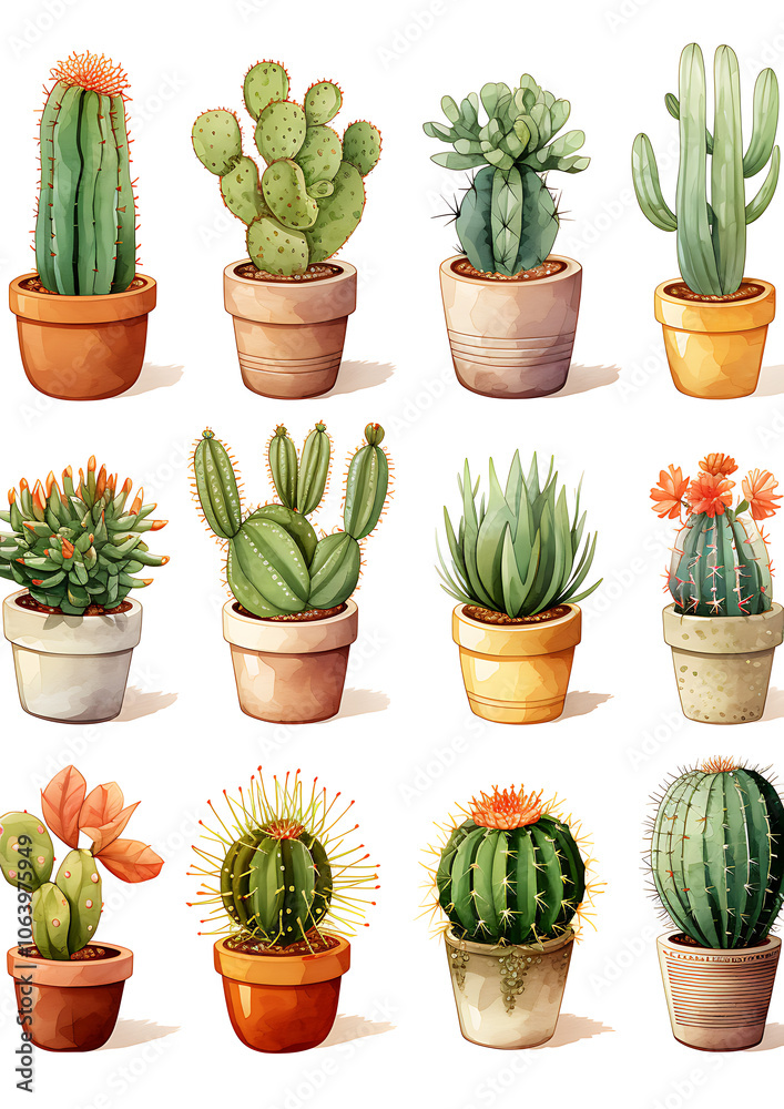 A vibrant collection of colorful cacti and succulents in terracotta pots arranged artistically A vibrant collection of colorful cacti and succulents in terracotta pots arranged artistically