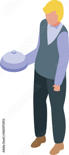 Waiter carrying a covered plate, ready to serve a meal in isometric view