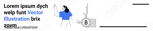 Person pointing at a Bitcoin symbol with circuit paths. Ideal for fintech, cryptocurrency topics, blockchain education, technology websites, investment guides, digital wallets, and financial landing