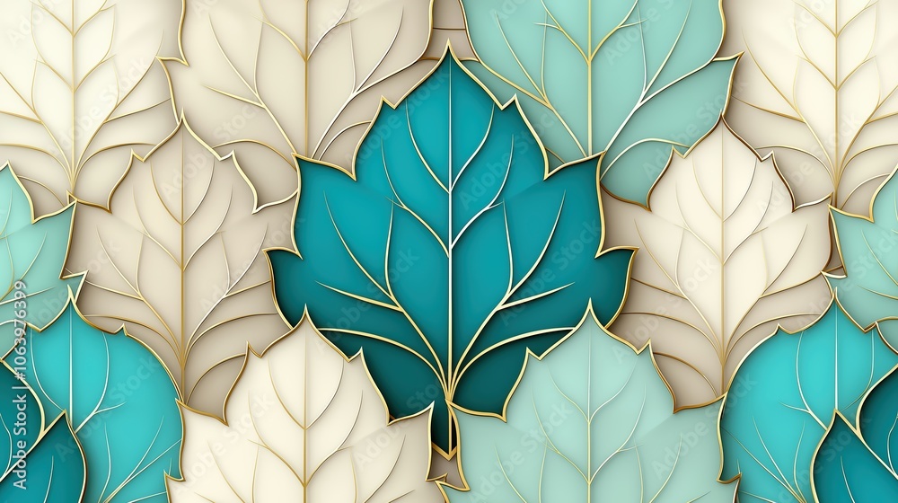 Blue and white leafy pattern with gold accents. The leaves are arranged in a way that creates a sense of depth and movement. Scene is serene and calming, as the leaves seem to be floating in the air Blue and white leafy pattern with gold accents. The leaves are arranged in a way that creates a sense of depth and movement. Scene is serene and calming, as the leaves seem to be floating in the air