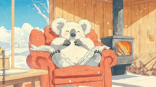   A painting of a koala sitting in a chair by a wood-burning stove in a cabin photo