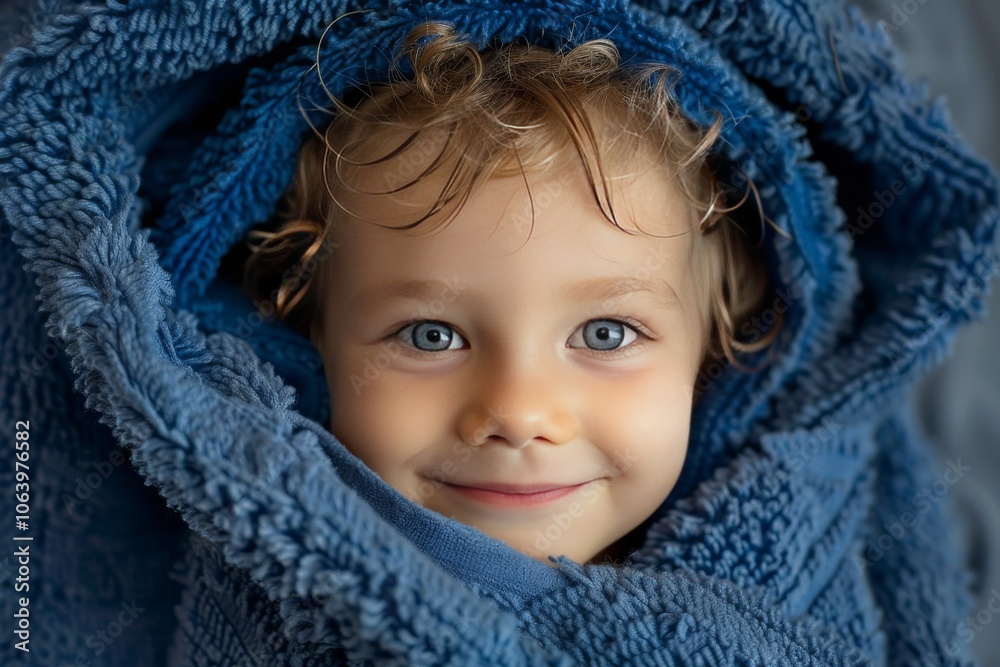 of a toddler's joyful face peeking from a cozy blue towel, capturing the innocence and warmth of a toddler's joyful face peeking from a cozy blue towel, capturing the innocence and warmth