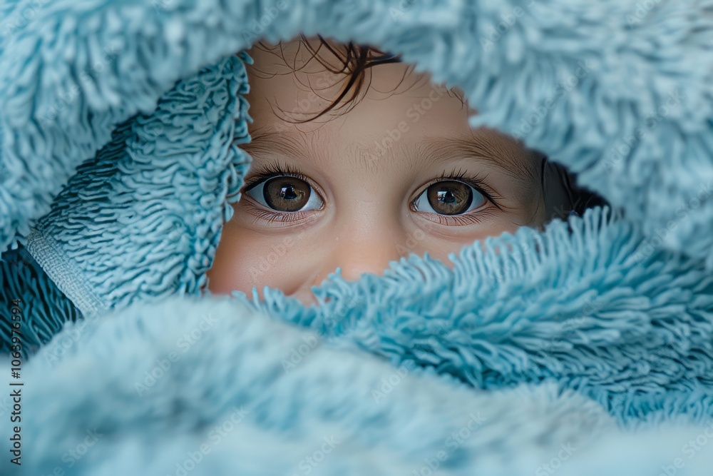 of a toddler's joyful face peeking from a cozy blue towel, capturing the innocence and warmth of a toddler's joyful face peeking from a cozy blue towel, capturing the innocence and warmth