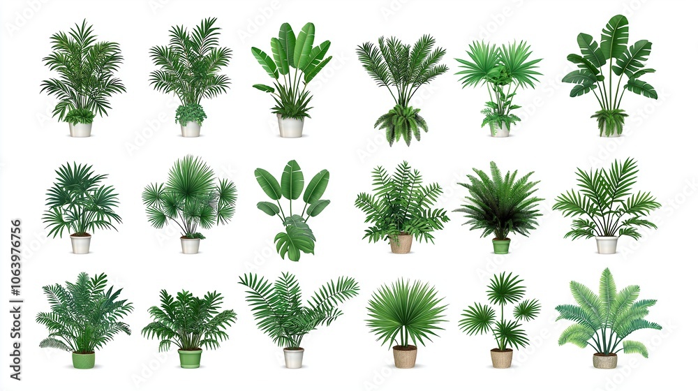 Collection of potted plants in various sizes and shapes. The plants are all green and are arranged in a row Collection of potted plants in various sizes and shapes. The plants are all green and are arranged in a row