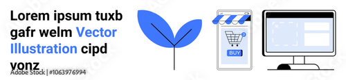 Vibrant vector design includes a leaf, shopping cart on a smartphone, computer monitor, and text. Ideal for e-commerce, technology, environmental awareness, marketing, online shopping, digital