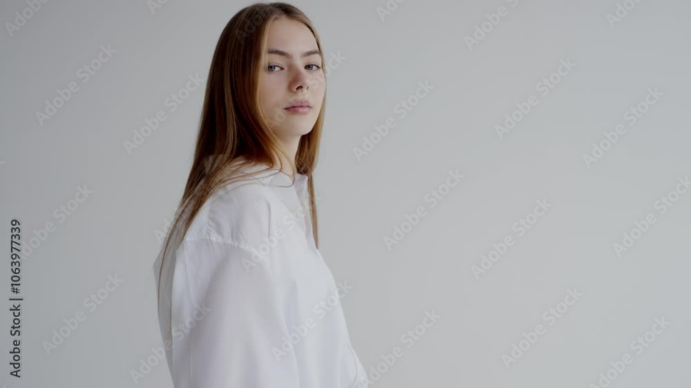 A calm young caucasian female with straight hair wearing a white blouse stands against a simple, uncluttered background, looking to the side with a neutral expression. A calm young caucasian female with straight hair wearing a white blouse stands against a simple, uncluttered background, looking to the side with a neutral expression.