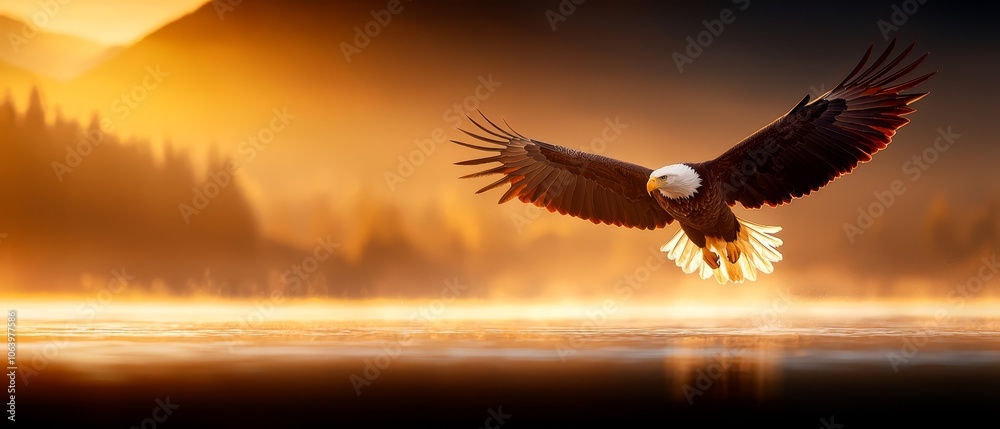 Obraz premium A bald eagle soars above a tranquil body of water