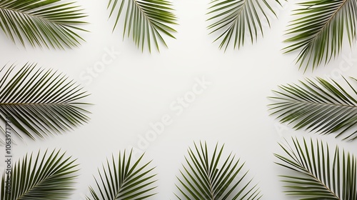 White background with a row of palm leaves. The leaves are green and are arranged in a circle