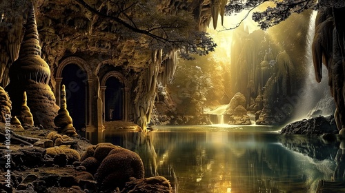 The image depicts an enchanting cave setting illuminated by soft golden light. Intricate rock formations, resembling natural sculptures, rise from the cave floor, creating a mystical atmosphere. An or