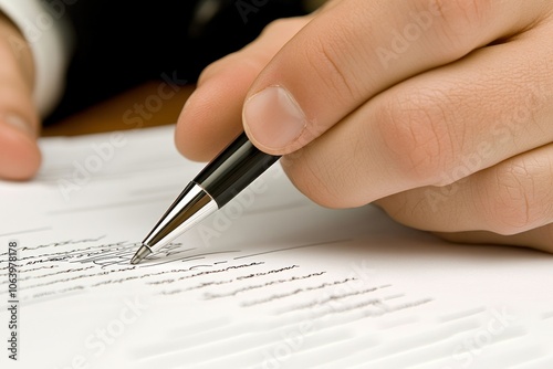 A hand holding a pen, writing on a document with printed text.