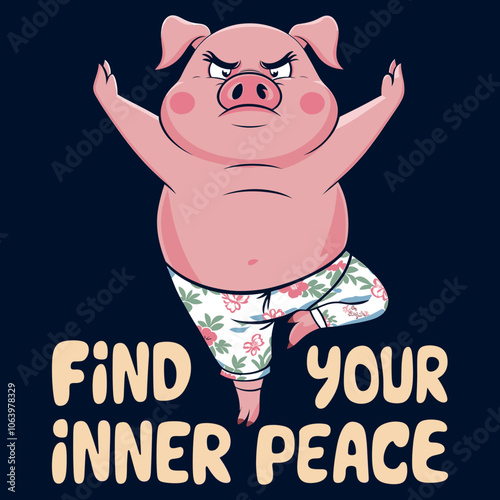 Cartoon Pig Practicing Yoga - Find Your Inner Peace - T-Shirt Print Design
