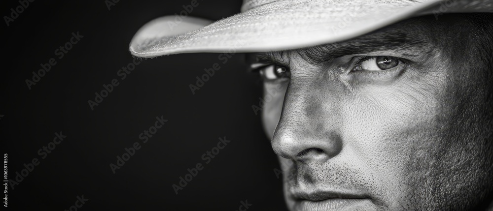 A monochrome image of a man donning a cowboy hat A monochrome image of a man donning a cowboy hat