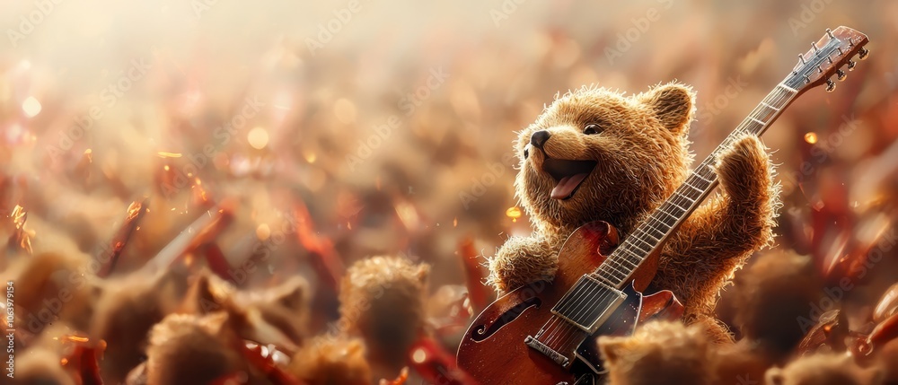A bear strums a guitar amidst a field of bears A bear strums a guitar amidst a field of bears