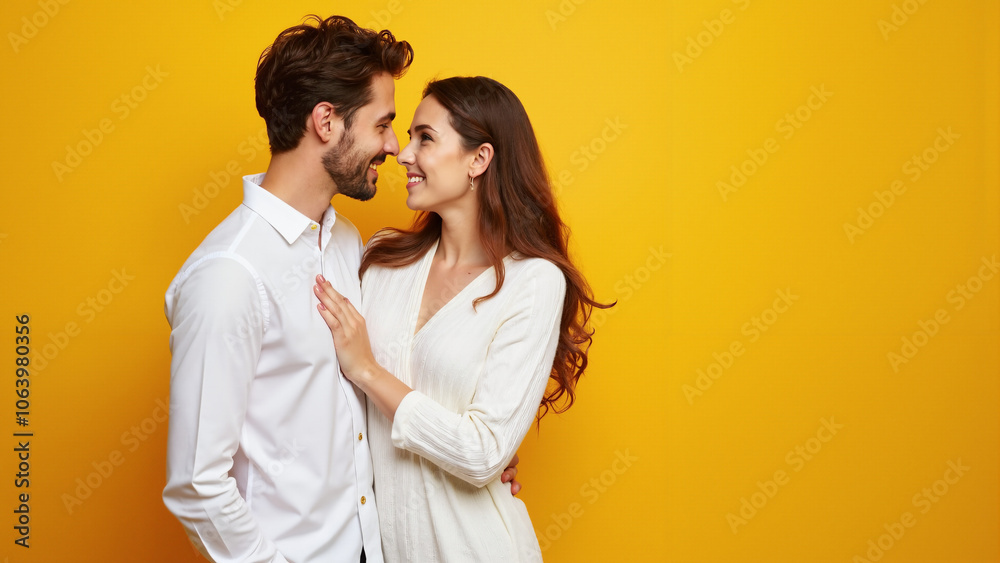 Affectionate Young Couple in White on Yellow: Perfect for Romance, Fashion, and Lifestyle Marketing Affectionate Young Couple in White on Yellow: Perfect for Romance, Fashion, and Lifestyle Marketing