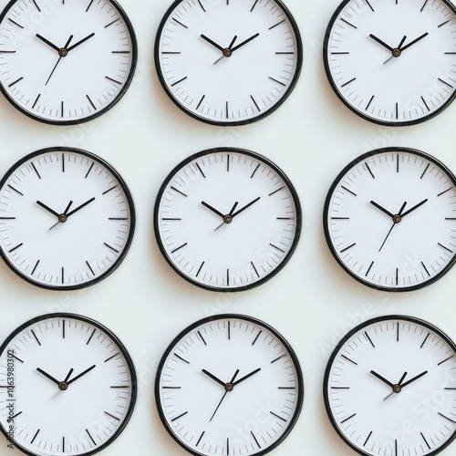 Nine white analog clocks with black hands and frames are arranged in a 3x3 grid on a white wall.