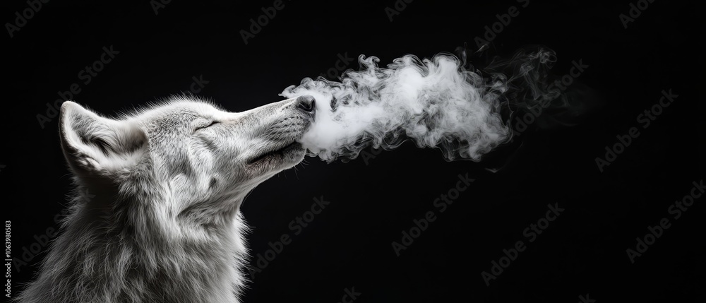 Fototapeta premium A white wolf exhaling smoke from its maw