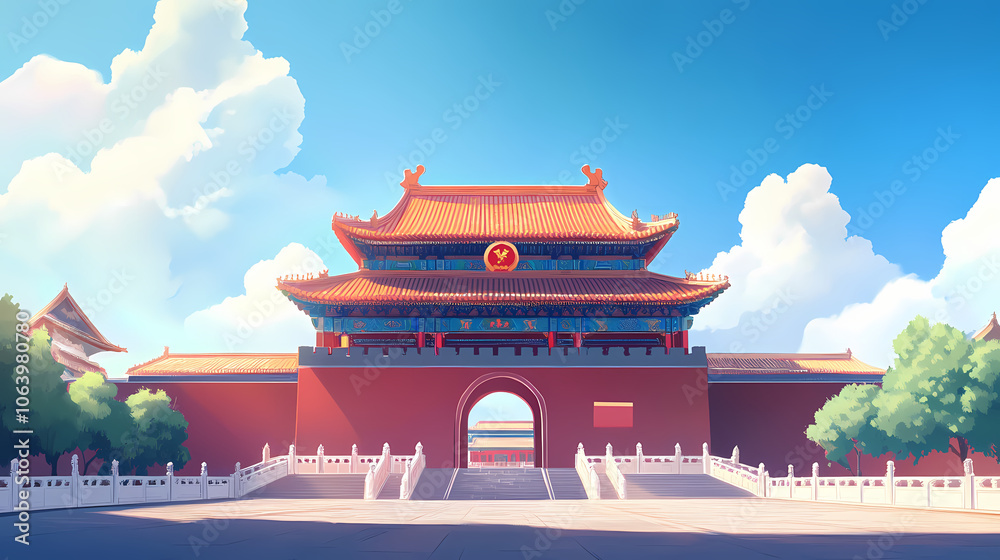Meridian gate of the forbidden city standing tall on a sunny day. Imperial Chinese Palace. Illustration Meridian gate of the forbidden city standing tall on a sunny day. Imperial Chinese Palace. Illustration