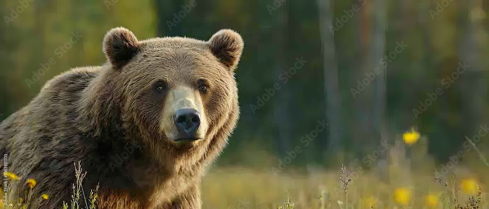 A brown bear stands in a field of tall grass A brown bear stands in a field of tall grass