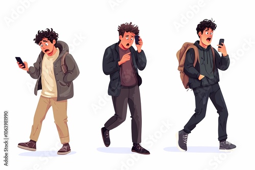 Four male characters in various emotional poses. Cartoon vector illustration set of diverse man stressed, walking confidently in suit, checking his phone, surprised or shocked in untidy clothes
