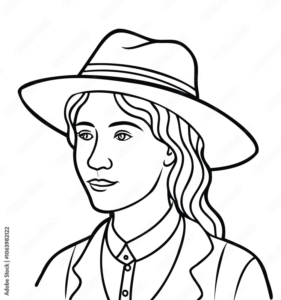 Line Art of Woman with Wide-Brimmed Hat Line Art of Woman with Wide-Brimmed Hat