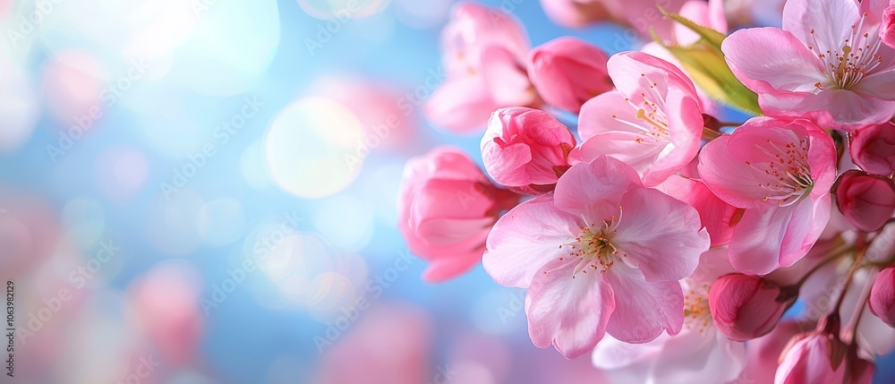 A branch adorned with pink flowers against a backdrop of blue sky A branch adorned with pink flowers against a backdrop of blue sky