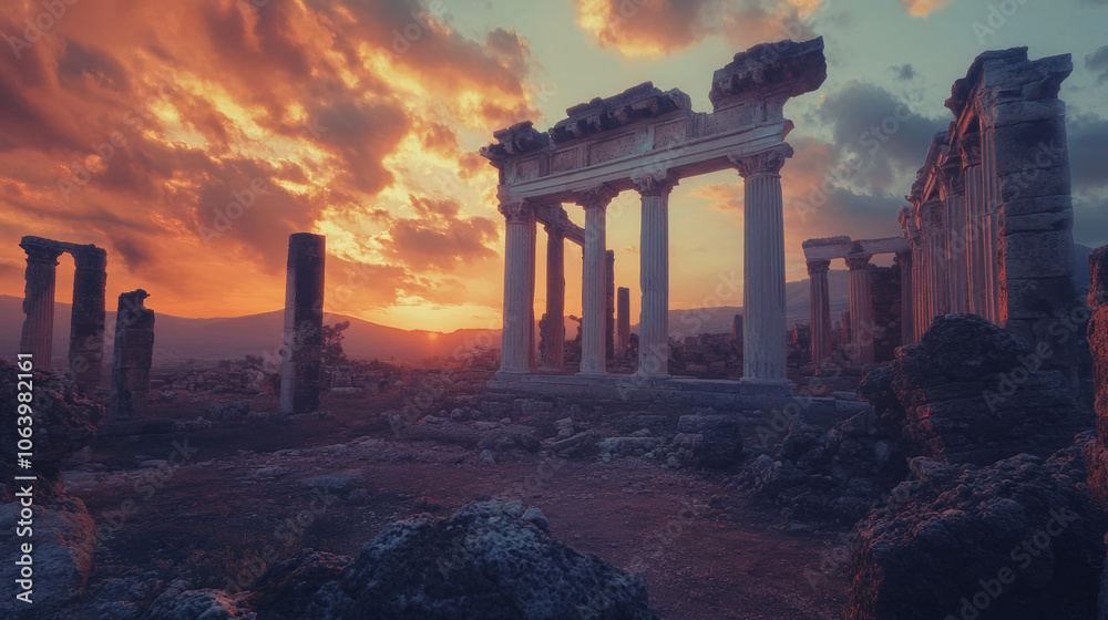 Fototapeta premium Sunset Ruins: Ancient Greek Temple at Golden Hour