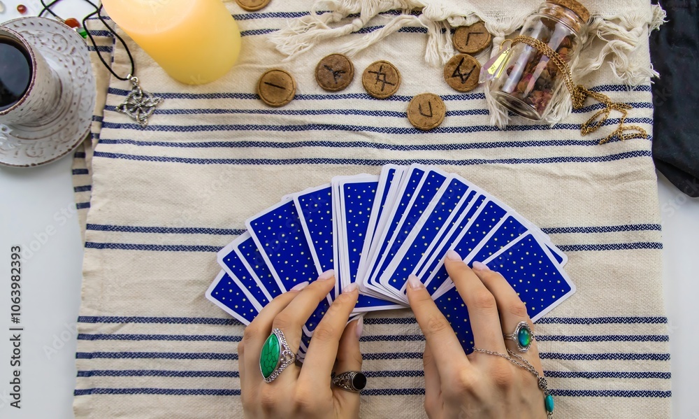 Fototapeta premium A fortune teller reads with tarot cards. Selective focus.