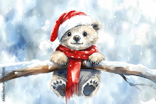 Watercolor painting of an adorable bear wearing a santa hat and scarf, perched on a branch, evoking a heartwarming christmas spirit