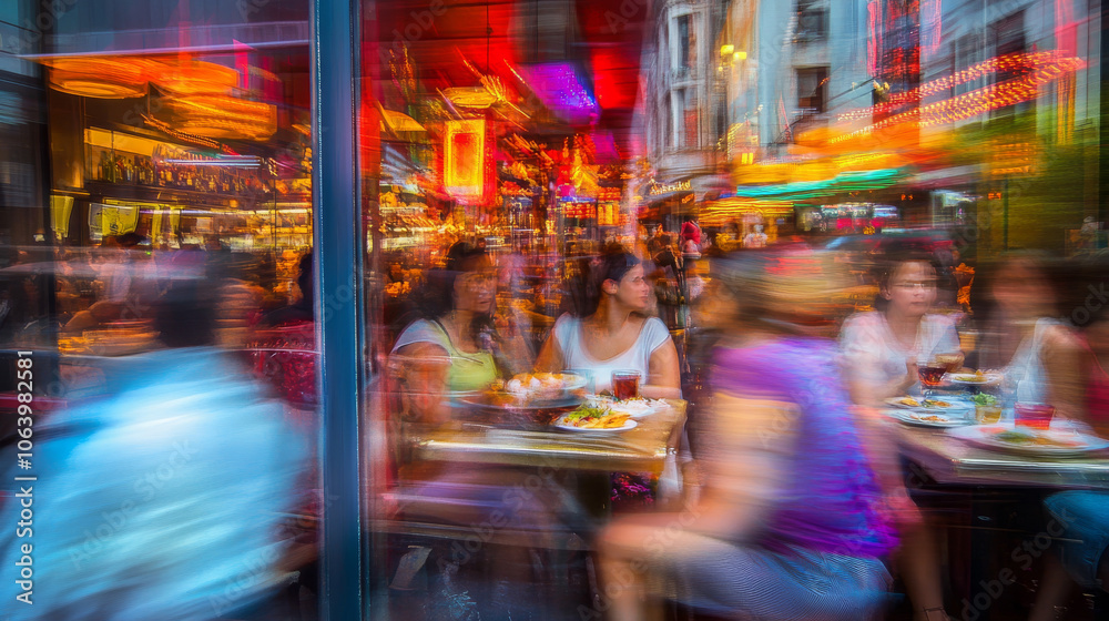 Obraz premium Vibrant City Bistro: Nightlife, Street Food, Motion Blur, Candid Photography, International Cuisine