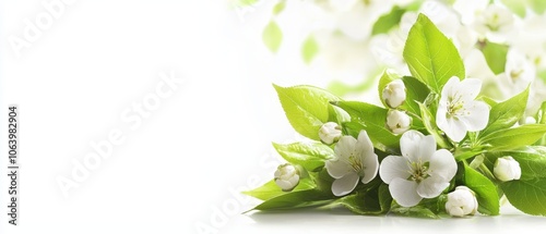  White flowers with green leaves against a pristine white backdrop ..A collection of pure white blooms boasting emerald-hued foli photo