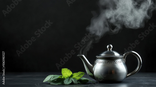 A steaming cup of Moroccan mint tea in a traditional silver teapot, with fresh mint leaves photo