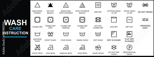 Wash Care Instruction Icons, Symbol Set Vector Design Art Illustration.