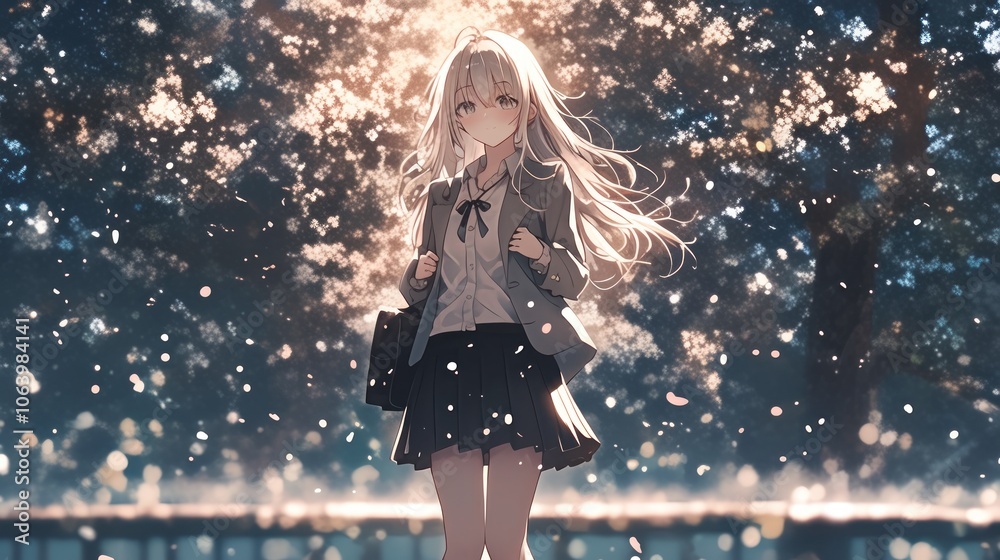 A serene scene of a girl standing in a sunlit park, surrounded by falling petals. A serene scene of a girl standing in a sunlit park, surrounded by falling petals.