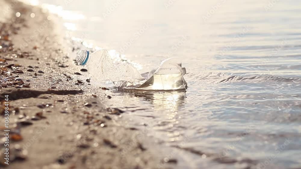Bottle floating on water. Glass and plastic bottle pollutes the river, the concept of recycling garbage environmental protection. Garbage disposal. 4k Video