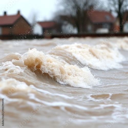 Powerful waves surge forward during a flood, with a blurred background of houses.