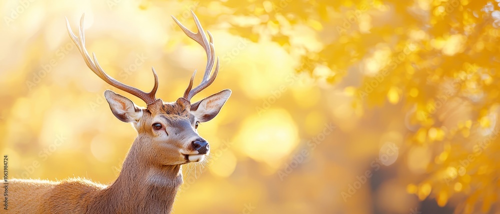 A deer, its antlers adorned, faces a yellow tree A deer, its antlers adorned, faces a yellow tree