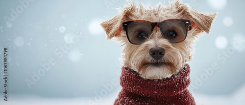  A dog dons a red sweater and sunglasses in the snow