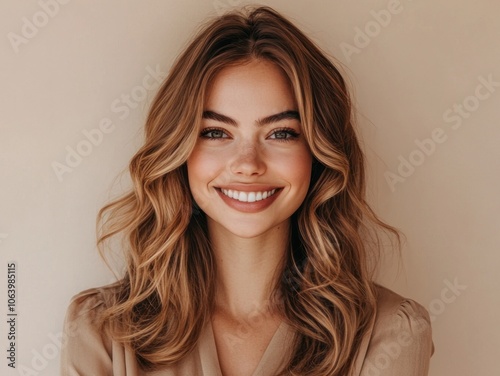 A smiling woman with wavy hair against a neutral background.