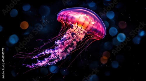  A clear photo of a close-up jellyfish on a dark background, sharp focus on the jellyfish and no blur