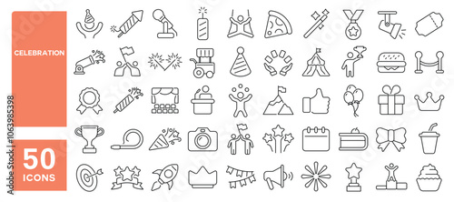 Set of 50 line icons related to celebration, fun, party, happy, present, ribbon, festive, gift, Editable stroke. Vector illustration