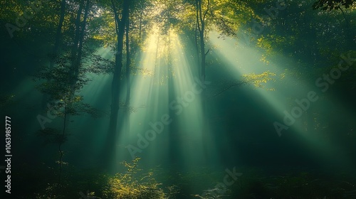 A serene forest scene is illuminated by beams of sunlight gently filtering through the dense canopy of trees. The light creates a mystical atmosphere as it casts soft shadows on the forest floor, wher photo